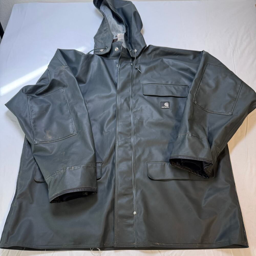 Carhartt C64GRN PVC Rain Coat Men's Large Hooded Waterproof Heavy Duty Workwear